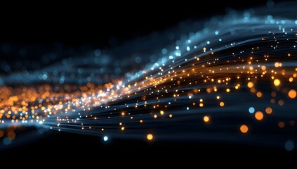 Abstract flowing luminous particles creating a vibrant energetic light stream against a dark background with bokeh effect