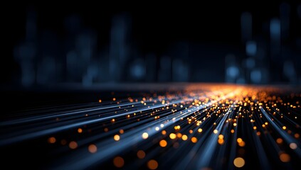 Abstract digital network of glowing light trails and bokeh effects creating a futuristic and technological cityscape background with deep focus