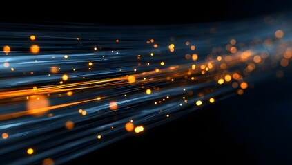 Abstract streaks of glowing blue and orange light particles moving rapidly across a dark background creating a sense of speed and energy