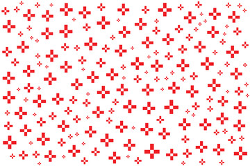 Seamless red pixel cross pattern on white background. Great for digital design, retro themes, textiles, branding, packaging, gaming UI, web backgrounds, and print projects.