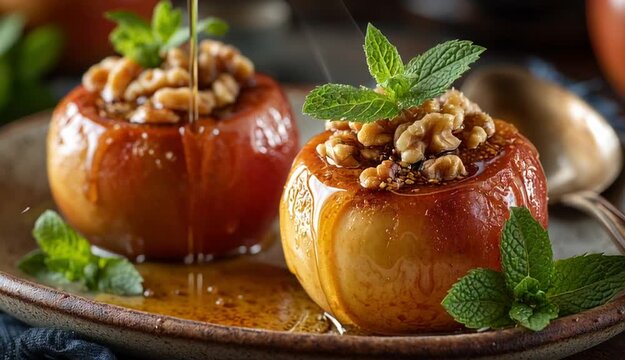 Baked Apples with Cinnamon, Walnuts, and Maple Syrup. A close-up studio shot of two baked apples, topped with walnuts and fresh mint, drizzled with maple syrup, and served on a rustic plate