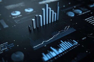High-angle shot of data visualizations with bar graphs, line graphs, and circular charts in blue