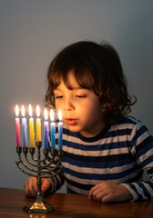 Child celebrating hanukkah lighting menorah with candles for holiday tradition and family gathering