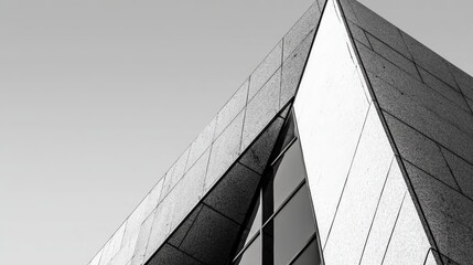 Modern architectural detail with sharp lines and reflective glass creating a sleek, contemporary facade against a clear sky