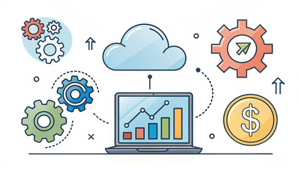 Modern clipart set of business and technology icons including laptop, cloud, gears, chart, and dollar sign, gradient vector style with clean outline, isolated on white background