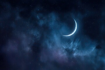 Fototapeta premium Crescent moon glows softly, surrounded by atmospheric clouds and a dark, star-filled sky