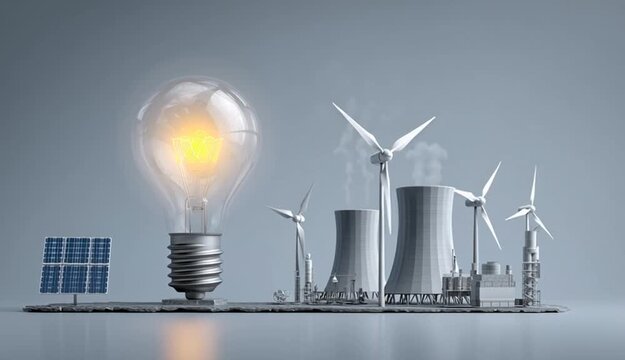 Nuclear power plant with solar panel and wind turbines in lightbulb isolated. Energy resources concept