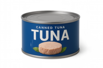 Canned tuna fish tin with a blue label, showing a tuna fillet and green leaves, transparent background