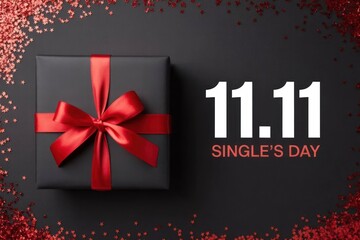 Black gift box with red ribbon for 1111 singles day promotion