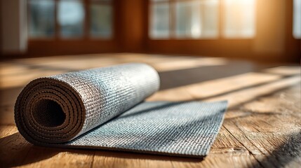 Unrolled yoga mat on rustic wooden floor bathed in warm, natural sunlight inviting peaceful practice