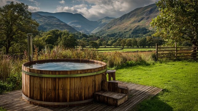 Relaxing wooden hot tub offers serene escape amidst breathtaking mountain valley landscape, inviting tranquility and rejuvenation