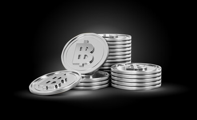 Stack Of Silver Shiny Thailand Baht Rounded Coins On Shiny Silver Glow Background 3d Illustration