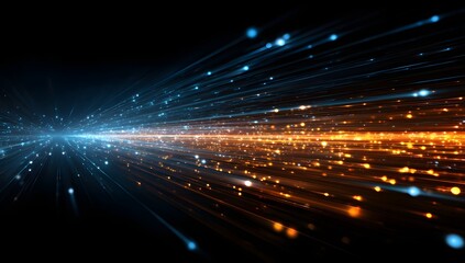 Obraz premium Abstract visualization of glowing digital data streams flowing through a dark futuristic network with vibrant blue and orange light trails