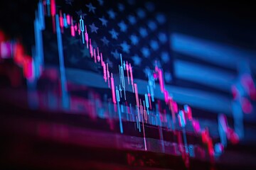 A candlestick chart overlays a blurred depiction of the US flag, illustrating financial decline