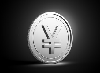 Obraz premium 3d Silver Shiny Rounded Japanese Yen Coin Isolated On dark Background 3d Illustration