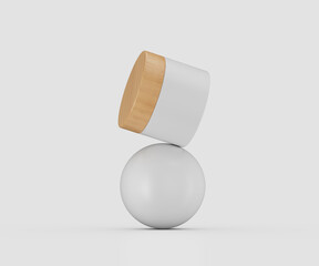 Stylish cream jar with wooden cap, perfectly balanced on a sphere