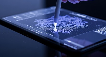 Digital artist working on a complex design on a tablet with a stylus in a dark environment setting