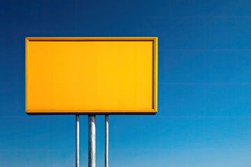 A blank, rectangular yellow sign, held up by poles, against a bright, clear blue sky