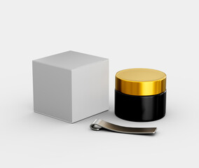 A sleek black jar with a gold lid, a silver spatula and a plain white box. 3d illustration