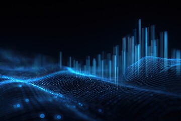 Abstract image with blue wave-like structures and columns, set against a dark background