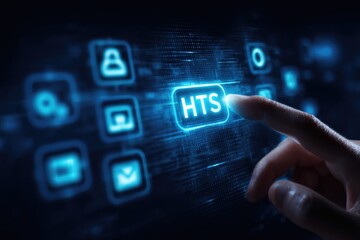 A finger presses an illuminated digital button, with an overlay of tech icons in a dark blue setting