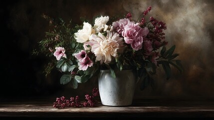 A beautiful and elegant floral arrangement of peonies and dahlias in a ceramic vase set on a rustic wooden table with soft moody lighting