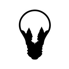 This minimalist black silhouette illustrates a creative concept where a light bulb encapsulates two evergreen trees, symbolizing environmental ideas and sustainable innovation.