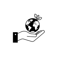 A minimalist black and white icon depicting a human hand gently holding the Earth with sprouting leaves, symbolizing global environmental protection, sustainability, and care.