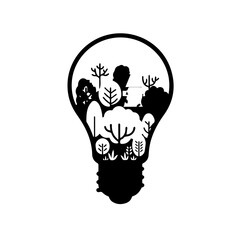 A creative graphic illustrating a diverse forest ecosystem contained within a light bulb, symbolizing innovative environmental solutions and sustainable thinking.