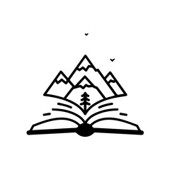 A minimalist line art depicts an open book revealing mountains, a pine tree, and birds, symbolizing the adventure of reading and the beauty of nature.
