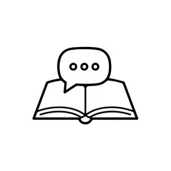 A minimalist line art icon depicts an open book with a speech bubble containing an ellipsis, symbolizing ongoing discussion, learning, and narrative engagement.