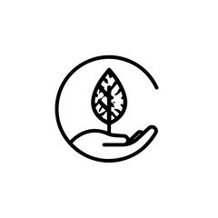 A minimalist black line art icon depicts a caring hand gently cradling a vibrant green leaf, symbolizing environmental protection and sustainable growth.