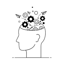 A line art illustration depicts a human head with gears and paper airplanes, symbolizing dynamic creative ideas and problem-solving.