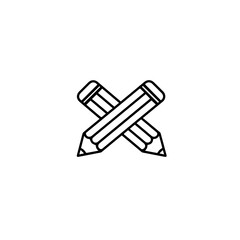 A minimalist black outline icon depicts two classic wooden pencils crossed over each other, symbolizing creativity, education, and writing tools.