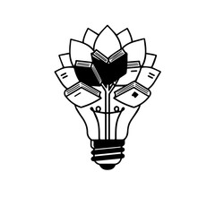 This creative black and white illustration combines a glowing lightbulb with open books, representing the powerful synergy of education, wisdom, and innovative thought.