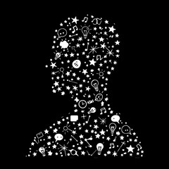 An abstract representation of human intellect, featuring a profile silhouette brimming with various symbols of creativity, knowledge, and imaginative concepts.