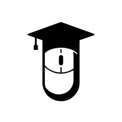 This iconic black silhouette combines a graduation cap and a computer mouse, symbolizing modern online education, digital learning, and academic achievement.