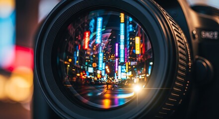 Close up of camera lens reflecting a vibrant city street at night with colorful neon lights and traffic