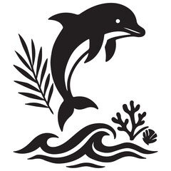 Dolphin Silhouette with Waves and Coastal Plants Minimalist Marine Life Vector