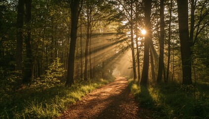 Fototapeta premium A dirt path runs through a dense forest with tall trees. Bright sunbeams stream through the foliage, creating a dramatic, misty scene at sunset.