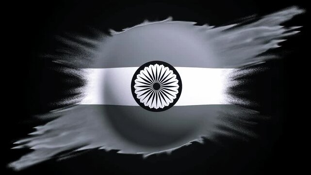 Indian flag brush stroke animation, monochrome India national symbol on black background, artistic tricolor flag with Ashoka Chakra wheel
