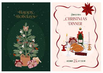 Collection of Holidays Greeting or Invitation cards. Perfect for Christmas, New Year, Winter Holidays. Vintage Cozy Christmas posters. Editable Vector Illustration.