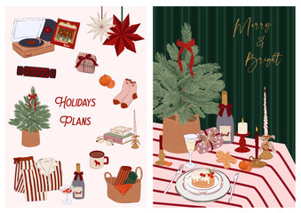 Collection of Holidays Greeting or Invitation cards. Perfect for Christmas, New Year, Winter Holidays. Vintage Cozy Christmas posters. Editable Vector Illustration.