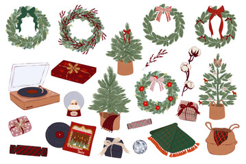 Collection of Vintage Christmas Clipart. Tree, Wreath, Baskets, blankets, gift boxes, pine and eucalyptus branches. Perfect for greeting or invitation card, christmas decor, stickers, prints.