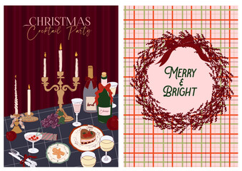 Collection of Holidays Greeting or Invitation cards. Perfect for Christmas, New Year, Winter Holidays. Vintage Cozy Christmas posters. Editable Vector Illustration.