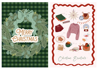 Collection of Holidays Greeting or Invitation cards. Perfect for Christmas, New Year, Winter Holidays. Vintage Cozy Christmas posters. Editable Vector Illustration.