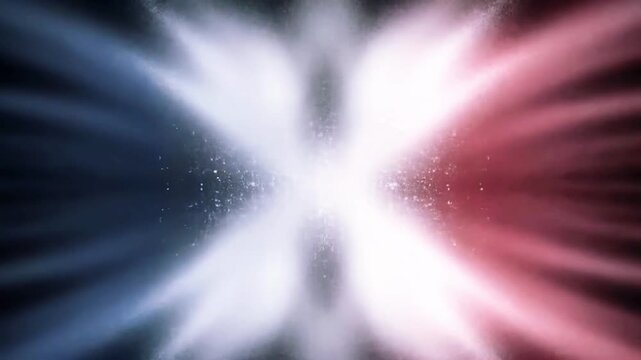 Two opposing forces of energy colliding and exploding with bright light and particles