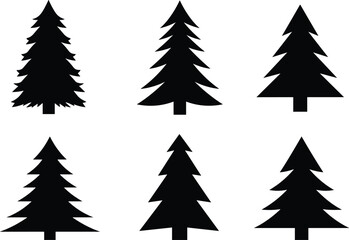 Black pine tree silhouettes set, minimalist evergreen tree vector icons for Christmas, forest, winter, nature, design, and decoration themes