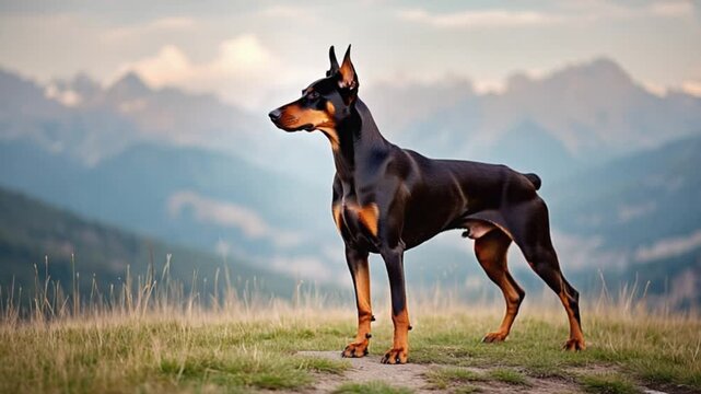 A doberman pinscher standing on a grassy hill with mountains in the background on a cloudy day dog video