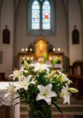 Immaculate conception church interior with white lily flowers and altar in soft candlelight